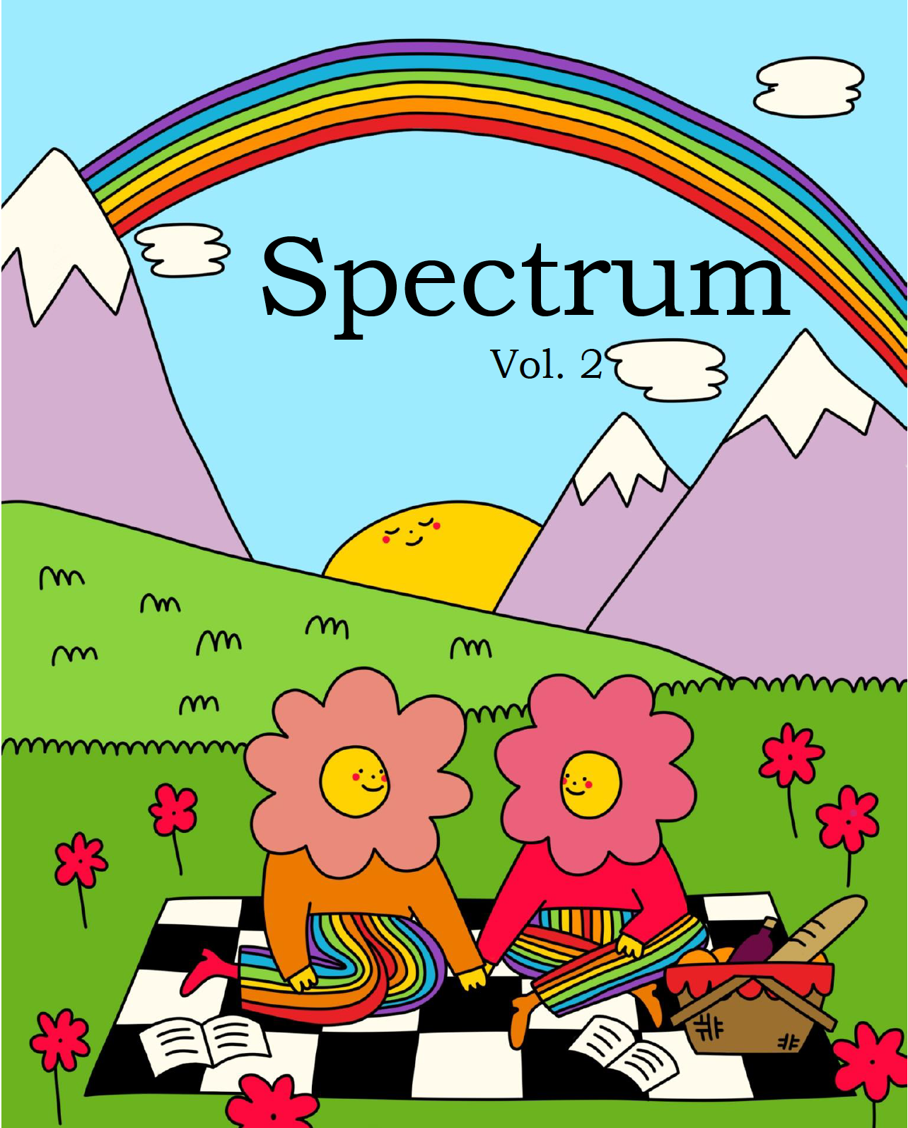 Two peope with rainbow pants and flower heads sit on a checkered picnic blanket. They sit in the foreground; grass, a hill, mountains, a smiling Sun, and a rainbow are in the background. Under the rainbow, the journal title "Spectrum" and "Vol. 2" are written in large black text.