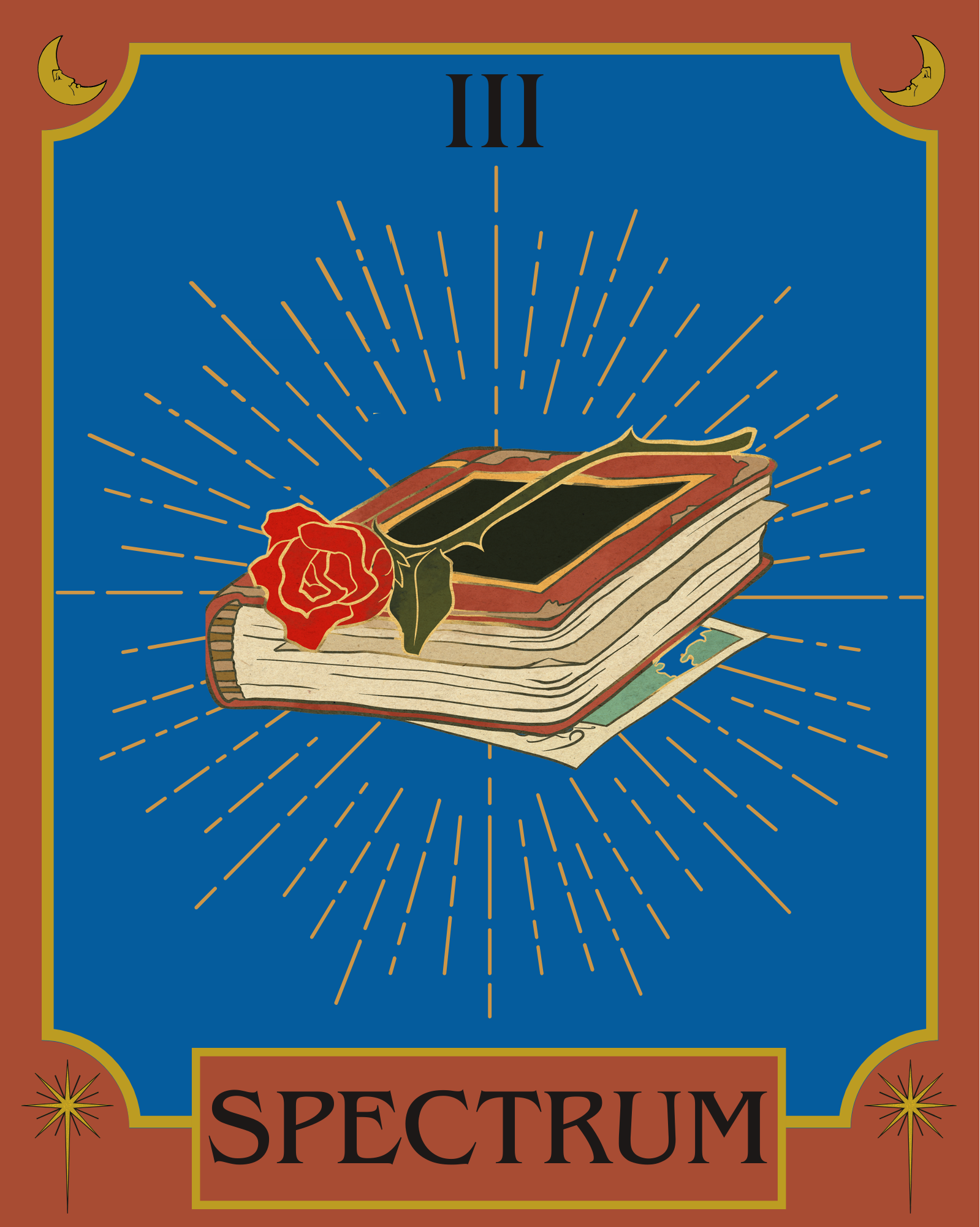 A gold, blue, and dark orange tarot card labelled Spectrum III, with an image of a rose and a book in the centre.